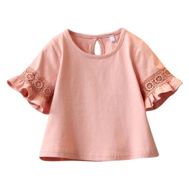 TChildren Girls Tops Clothes Baby Girl Flare Sleeve Round Neck Solid Print Lace Tops Shirts Kids Tops Summer Casual Blouse: Pink / 130