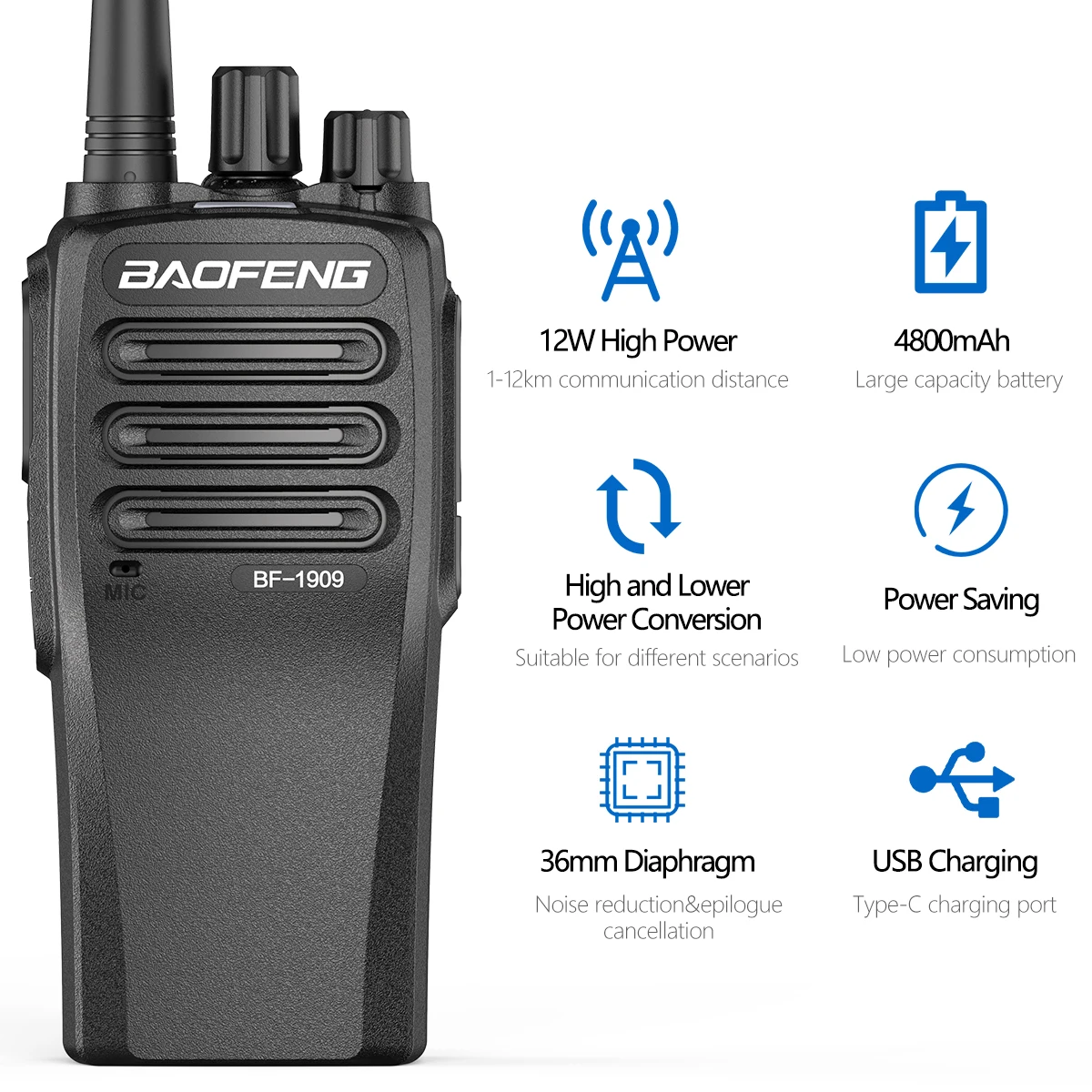 BaoFeng BF 1909 12W High Power Walkie Talkie Long Range Two Way Radio Type C Charging Transmitter Upgrade BF 888S UV 5R UV 82
