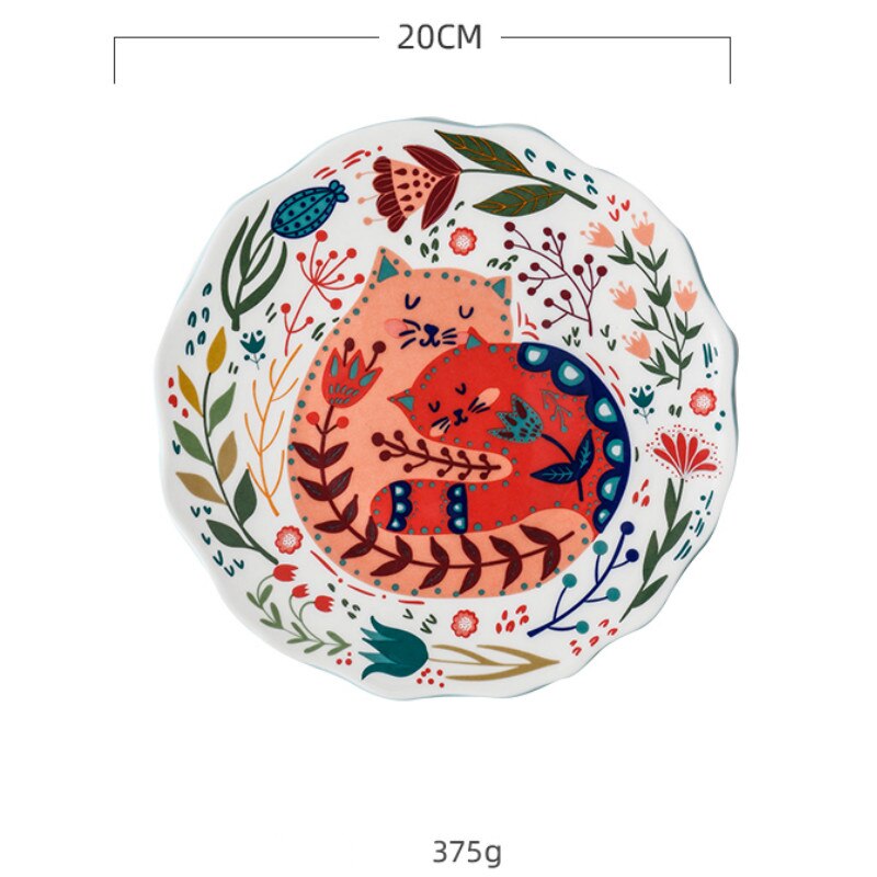 8inch Hand-painted Cat Dinner Plate Under-glazed Ceramic Dish Dessert Tray Flower Kitten Microwave Dinnerware YHJ021201: B