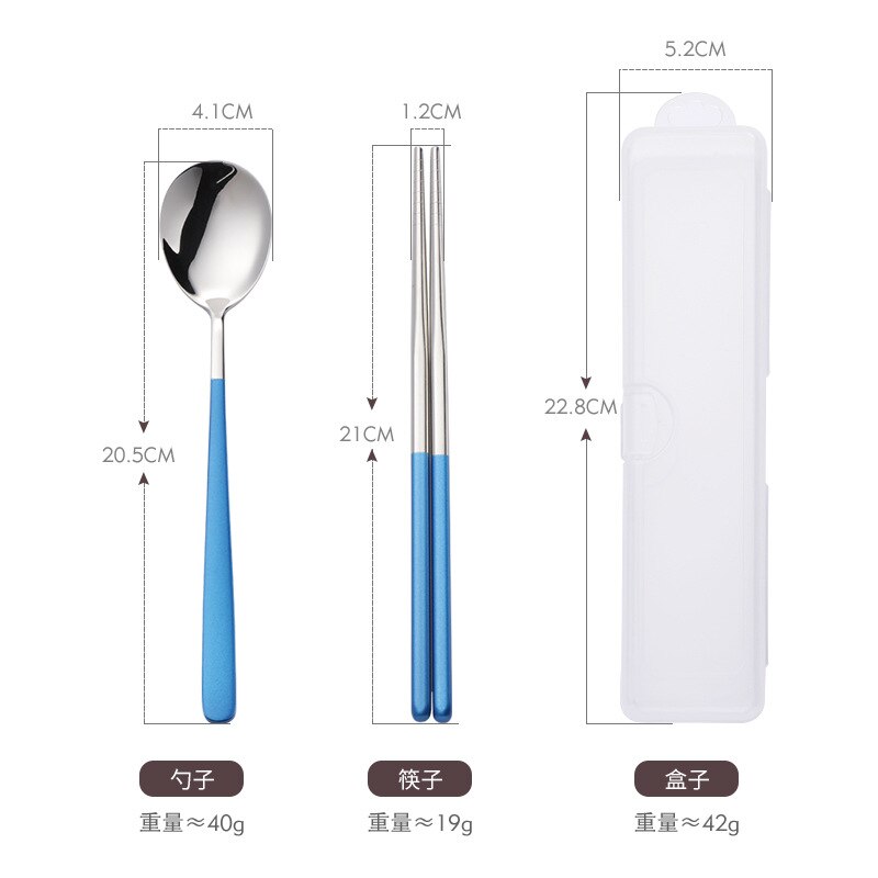 Korean Style 304 Stainless Steel Portable Tableware Set Fork Spoon Chopsticks Three-piece Set Outdoor Travel Tableware Set: 2pcs Blue