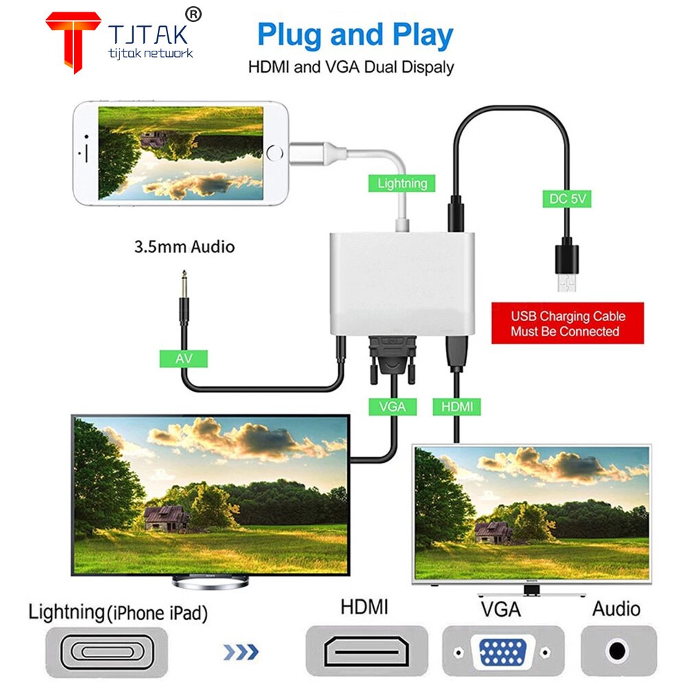 For Lightning to HDMI-Compatible VGA Audio Adapter Cable for Apple iPad iPhone 8 Plus 12 Pro Max HDMI HD TV VGA 3.5mm Converter