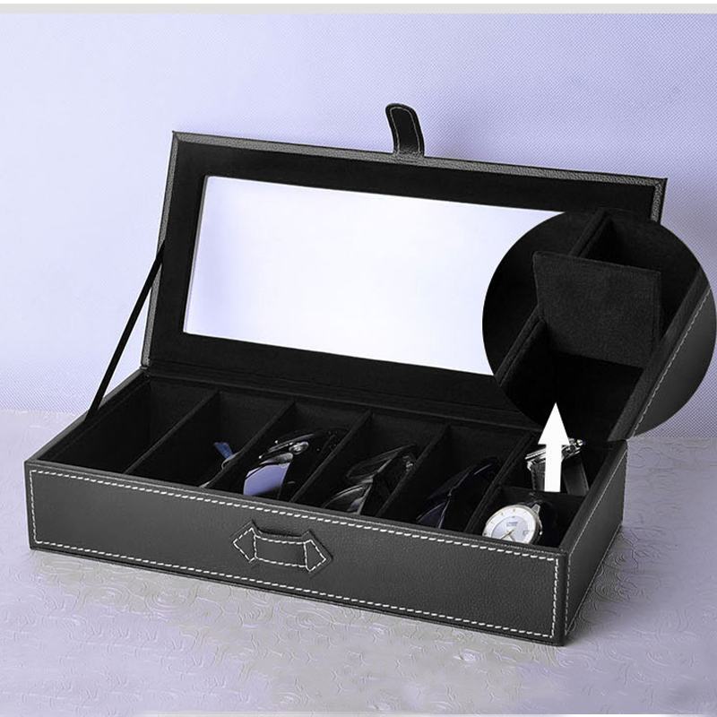 7 Grids Watch box Leather Glass Box glasses Case Storage Organizer Box Luxury Jewelry Display Multifunctio Box Watch Black
