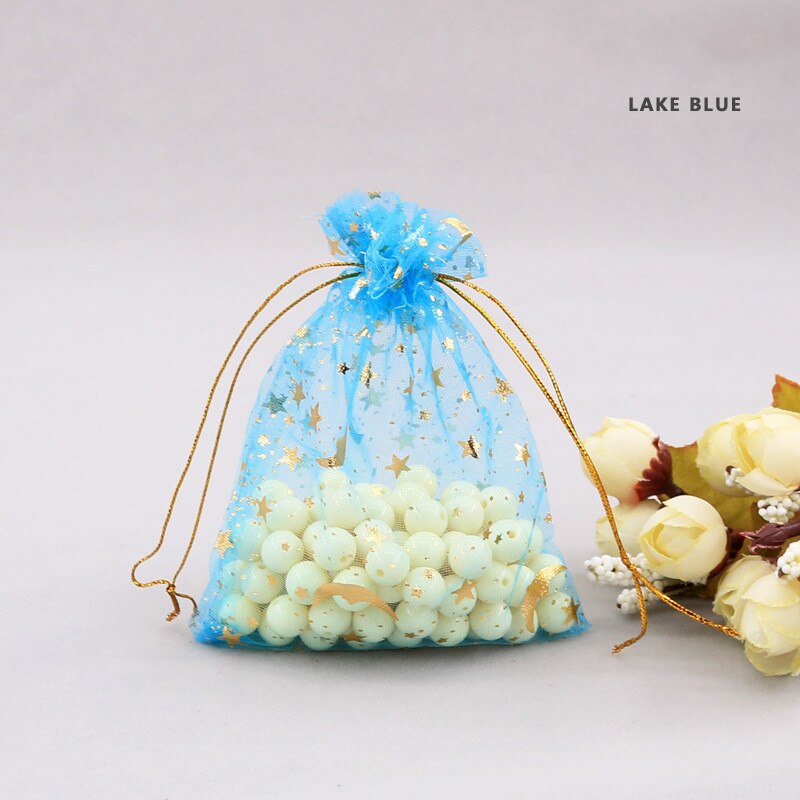 30pcs/lot Moon Star Organza Bags 9*12cm Small Christmas Drawstring Bag Charm Jewelry Packaging Bags & Pouches Candy bag: Lake blue