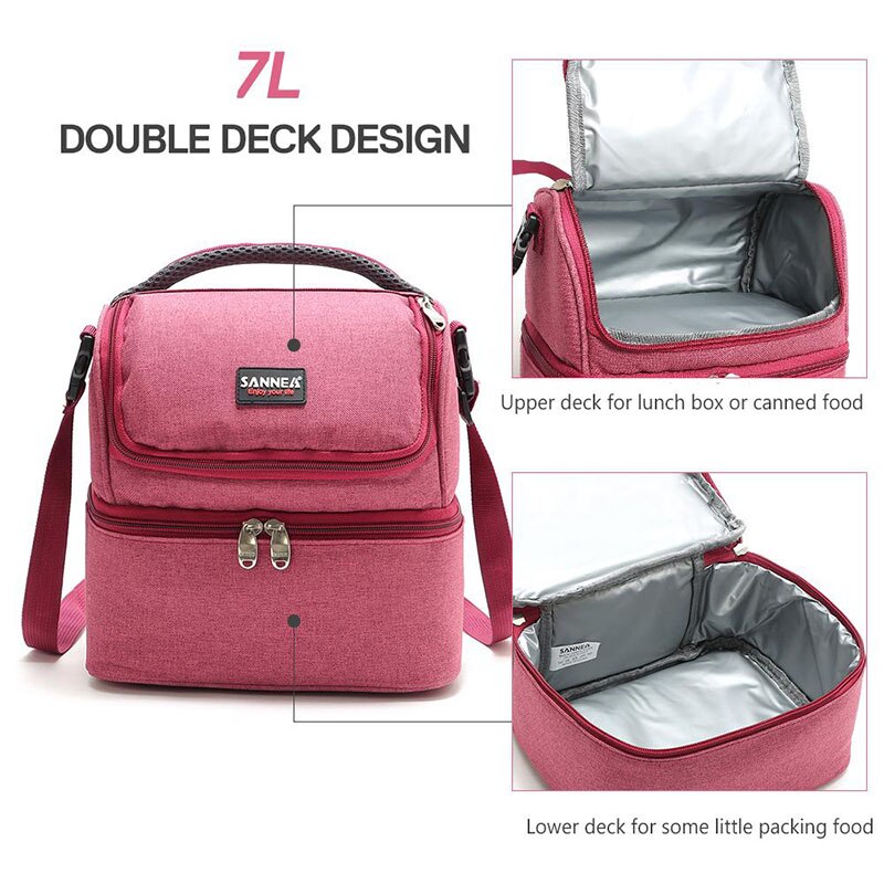 Double-Deck Insulated Lunch Bag Women Thermal Large Capacity Cooler Bag Portable Lunch Tote Food Bag