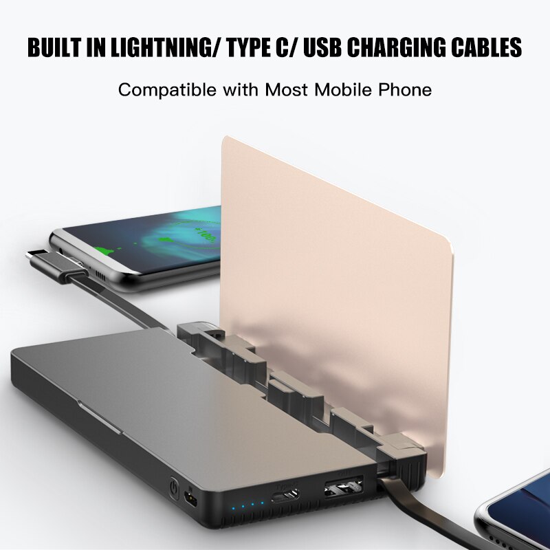 Wst Originele Ingebouwde Kabel Caricatore Portatile Ultra Dunne Power Bank Goud Zilver Zakelijke Stijl Draagbare Batterij