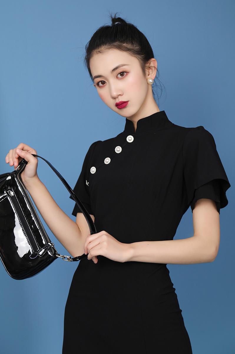 Chinese Traditional Slim Mini Cheongsam Short Sleeve Black Cheongsam Girls Students Oriental Qipao Dresses for Party