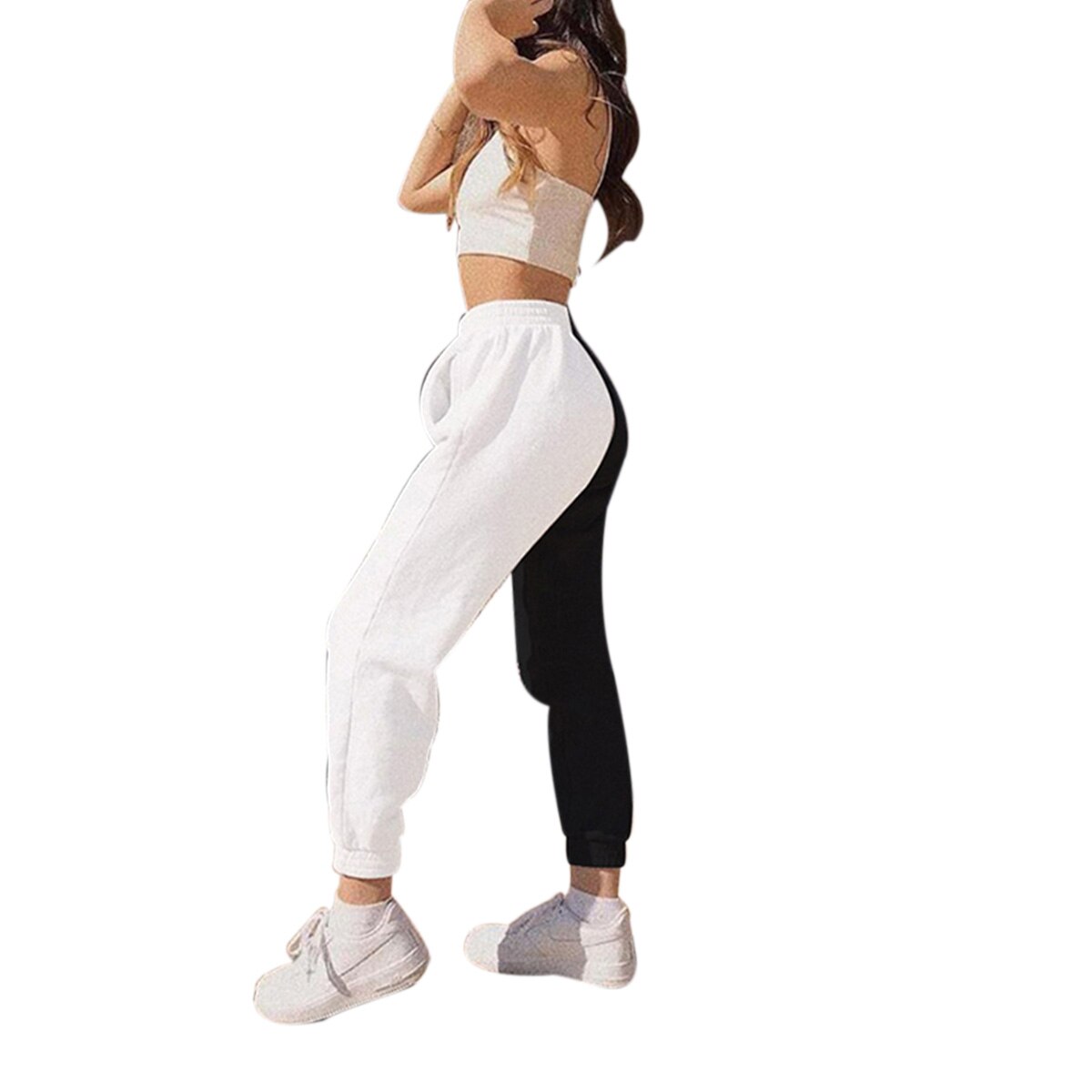 Women Girls High Waist Black &amp; White Patchwork Hip Hop Dance Street Style Sports Casual jogger Pants Trousers