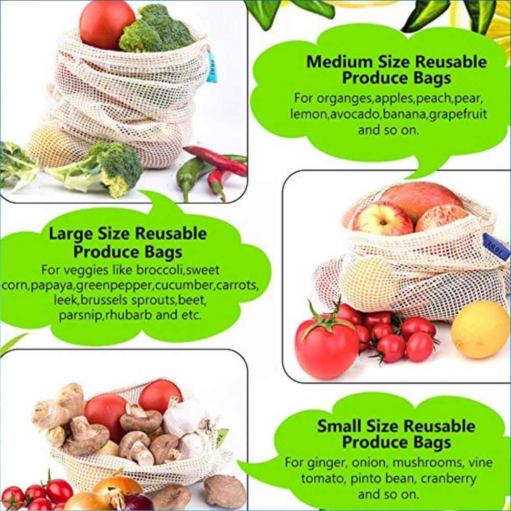 Reusable Cotton Vegetable Bags Home Kitchen Fruit And Vegetable Storage Mesh Bags With Drawstring Machine Washable