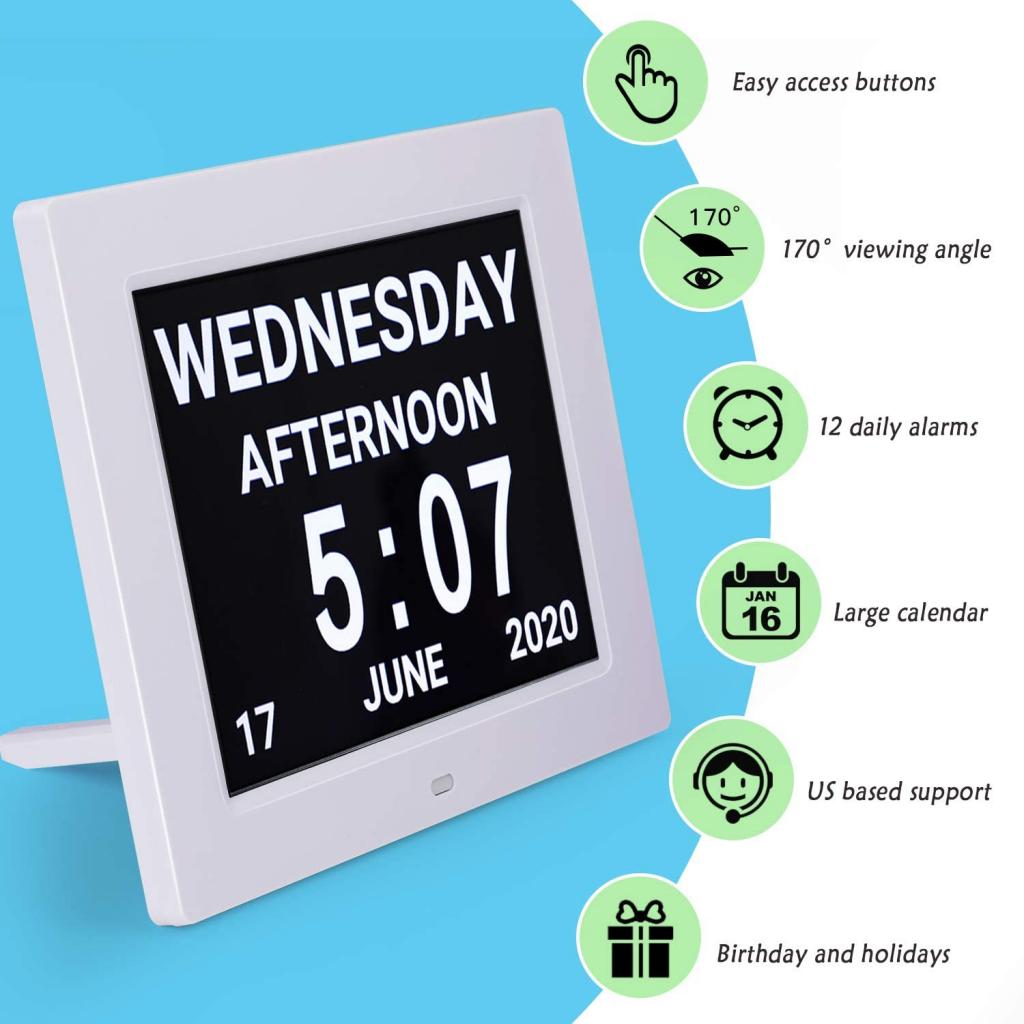 8" Large Screen Digital Calendar Alarm Day Clock Dementia Elderly Seniors Non-Abbreviated