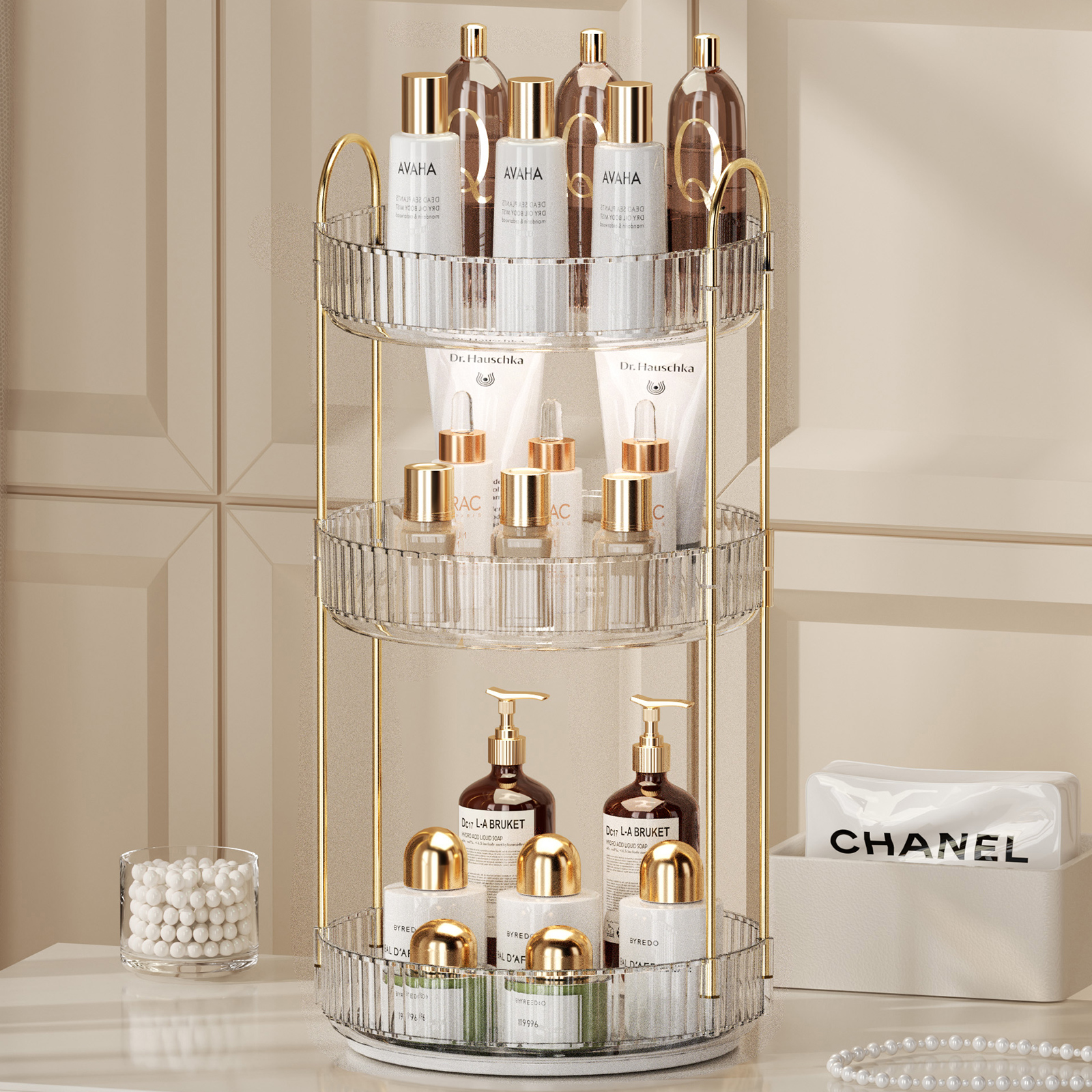 Rotating Makeup Organizer for Vanity 3 Tier Skincare Organizers Large Storage Bathroom Countertop Clear Cosmetic Holder Dresser: Clear