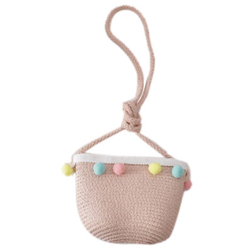 Kids Girls Large Wide Brim Straw Woven Sun Protection Beach Hat Colorful Pompom Ball Summer Floppy Bucket Cap Portable Handbag: E