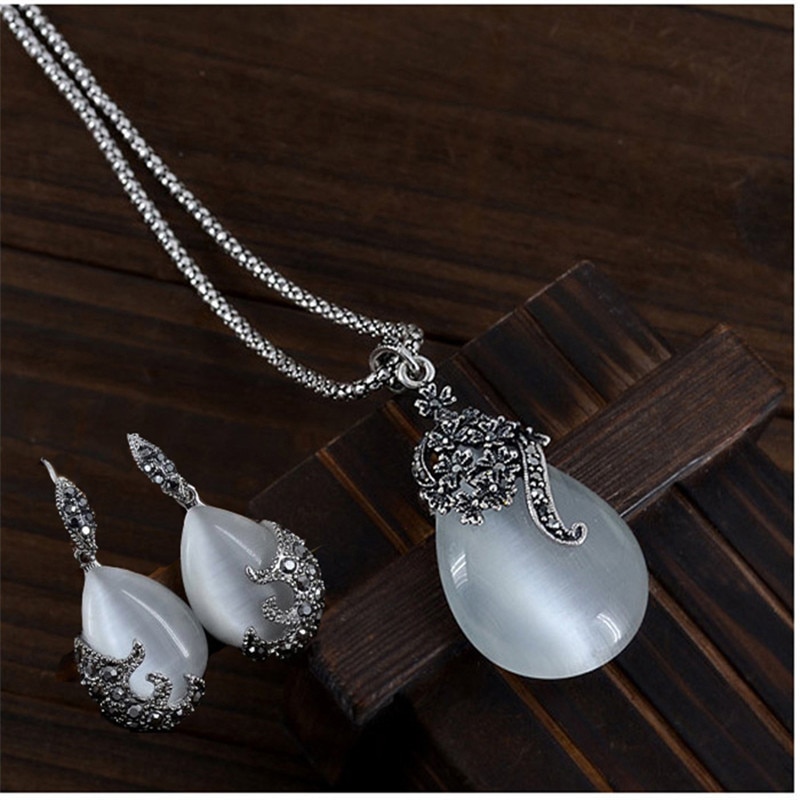 Vintage 925 Sterling Silver Opal Water Pendants Long Snake Necklaces Earrings Women Jewelry Sets