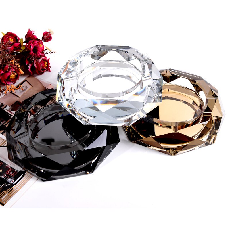 Luxe Gold Clear Black Kleurrijke 12 cm Ronde Crystal Asbak Asbak voor Vriendje Home Decor DEC184