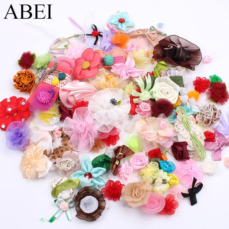 Fleurs, mélange aléatoire, nœuds de Roses bricolage patchs en tissu, ruban, accessoires, Boutique, fait à la main, projet artisanal, couture, fleurs, 100 pièces