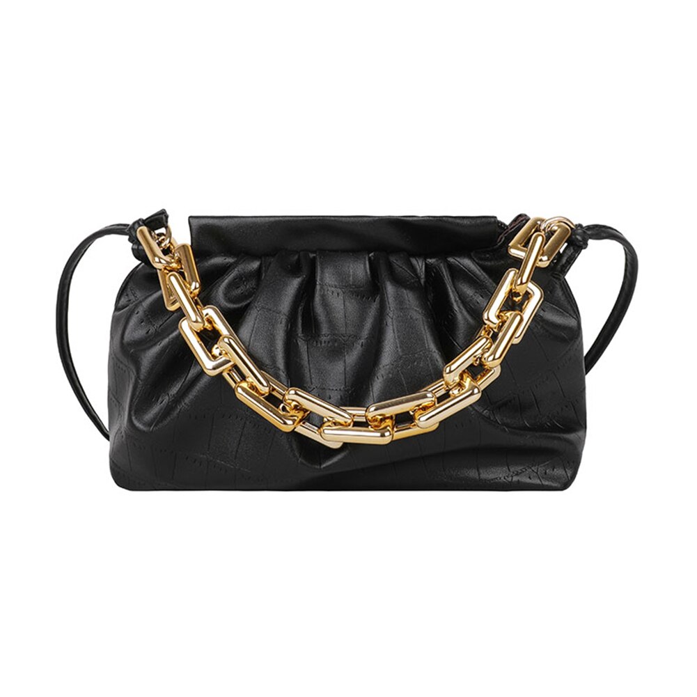 Sacs à main plissés en cuir PU pour femmes, sacs à bandoulière à motif de pierre rétro, sacoche à épaule couleur unie avec chaîne: Style A Black