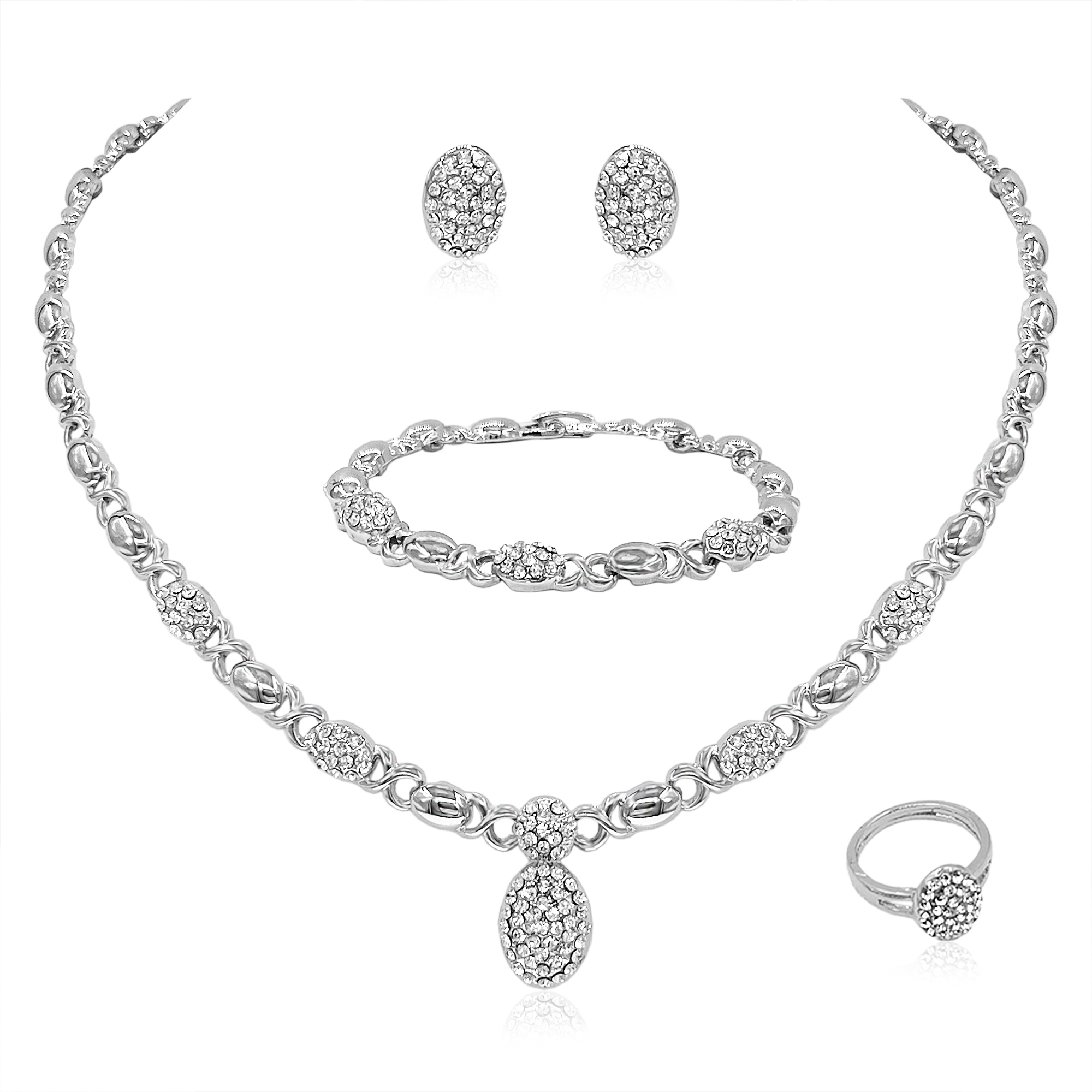 Conjunto de joyería de Color dorado para mujer, conjunto de collar chapado en oro de 18 quilates, collar de oso a la nupcial para boda, pendientes, anillo, en forma de corazón: PLATEADO