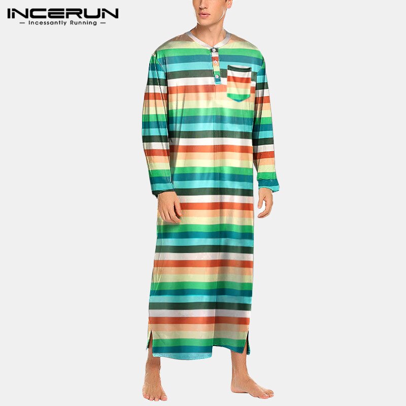 INCERUN Men Robes Striped Colorful Leisure O Neck Long Sleeve Bathrobes Loose Nightgown Comfortable Soft Men Dressing Gown S-5XL