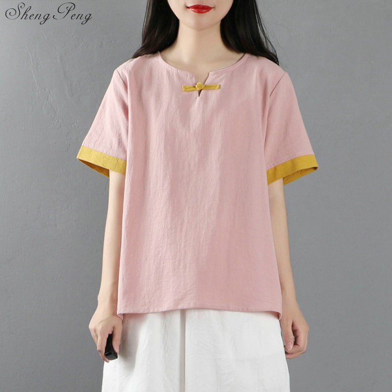 printemps femme traditionnel chinois haut coton lin Blouse Oriental Tang costume pour femme Hanfu Qipao chemise V1882