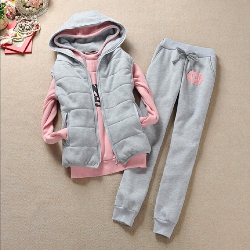 Women's sweatshirt vest pants 3 pieces Set plus velvet thickening plus size casual nice Suit Cheap: Pink and grey / XL