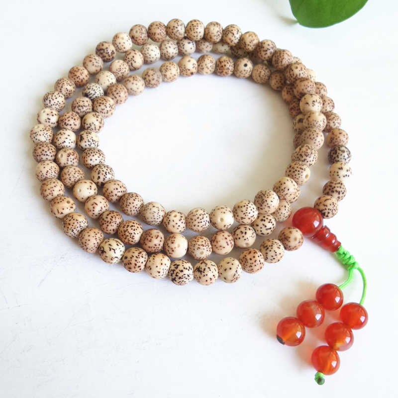 BRO835 Old Beige Yellow Star Moon Bodhi Meditation Prayer Mala Necklace with Red Carnelian Guru 108x8mm