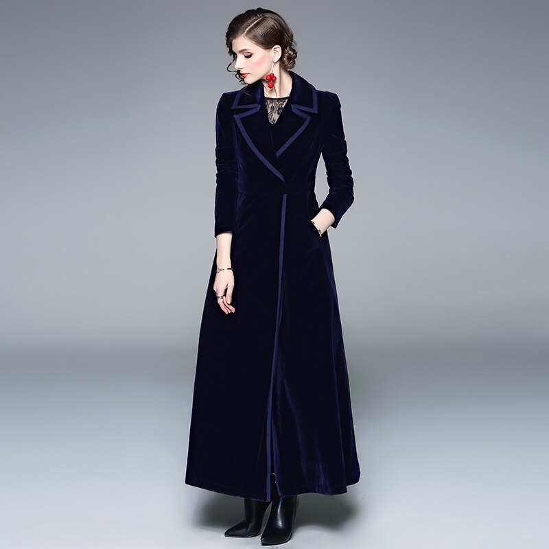 Plus Size 2XL Winter Women Long Sleeve Notched Collar Double-Breasted Gold Velvet Maxi Trench Coat Autumn Outerwear