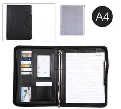 Business Zipper Portfolio, PU Leather Padfolio Folder with Handle .: black
