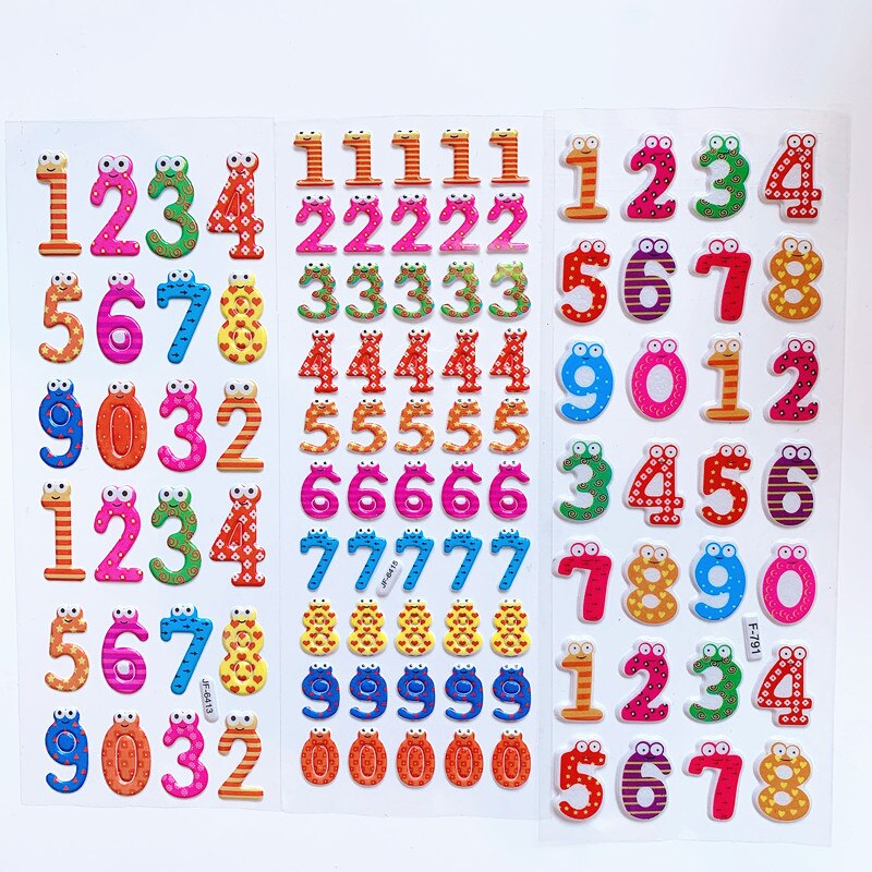 6 Sheets 3D Cartoon Stickers Waterproof Bubble PVC DIY Sticker Number Alphabet Girls Boys Kids Children GYH