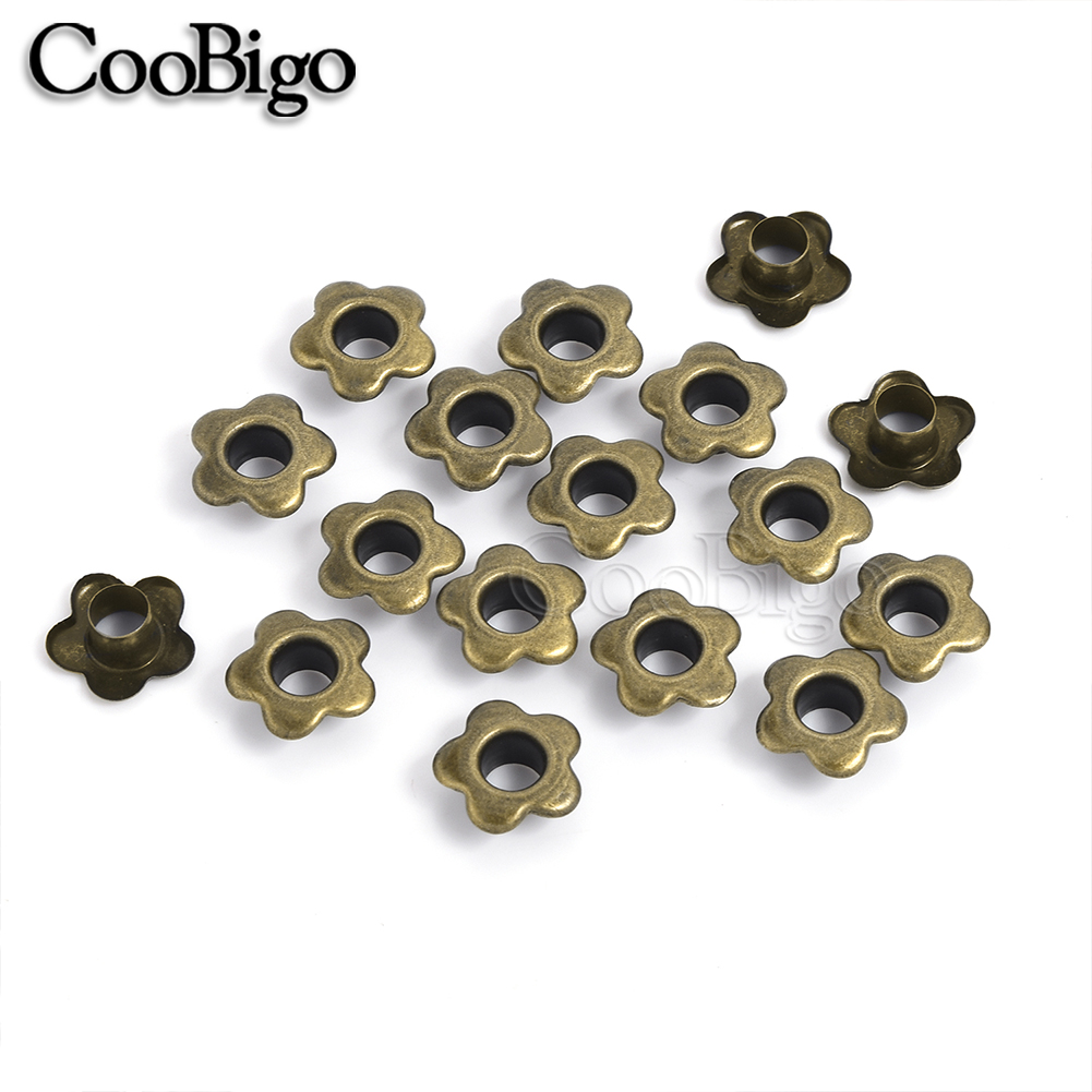 100 Uds. Ojales de Metal con flores para tela, ropa, costura, zapatos, cinturón, gorra, bolsa, álbum de recortes, cuero, accesorios DIY, agujero de 5mm: Plata antigua