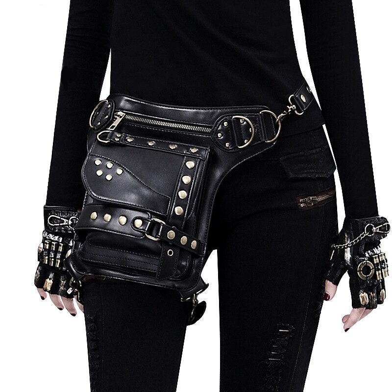 YoReAi Women Waist Bag Retro Gothic Fanny Packs Motorcycle Hip Leg Pack Steam Punk Holster Men PU Leather Crossbody Bags