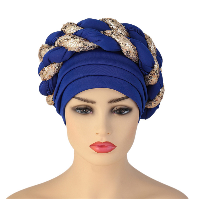 Gorro turbante trenzado de lentejuelas para mujer, tocado africano autogele: Oscuro de jengibre