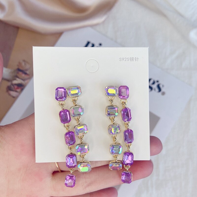 MENGJIQIAO Korean TV Star Purple Sqaure Crystal Tassel Earrings For Women Boucle doreille Jewelry