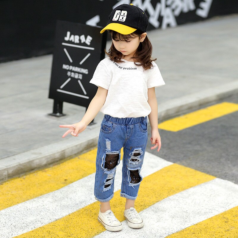 Girls Ripped Jeans Children Spring Summer Fall Korean Style Clothes Toddler Trousers Kids Cotton Nets Cropped Denim Pants