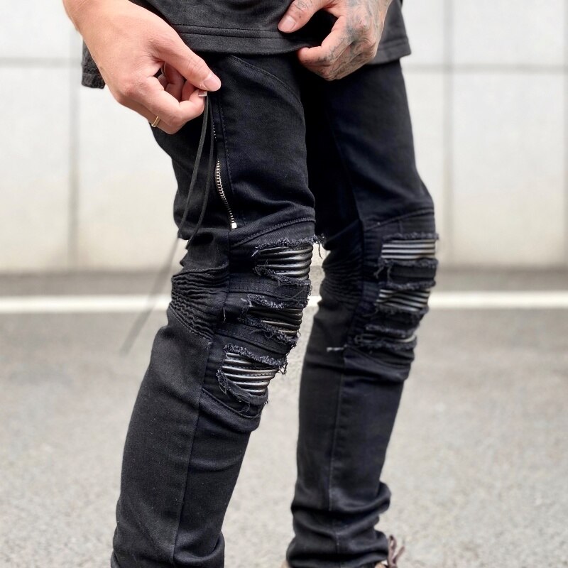 Pantaloni da moto jeans strappati per uomo alto strada toppa in pelle jeans da uomo lavaggio antirughe acqua sottile in forma jeans neri elasticizzati uomo