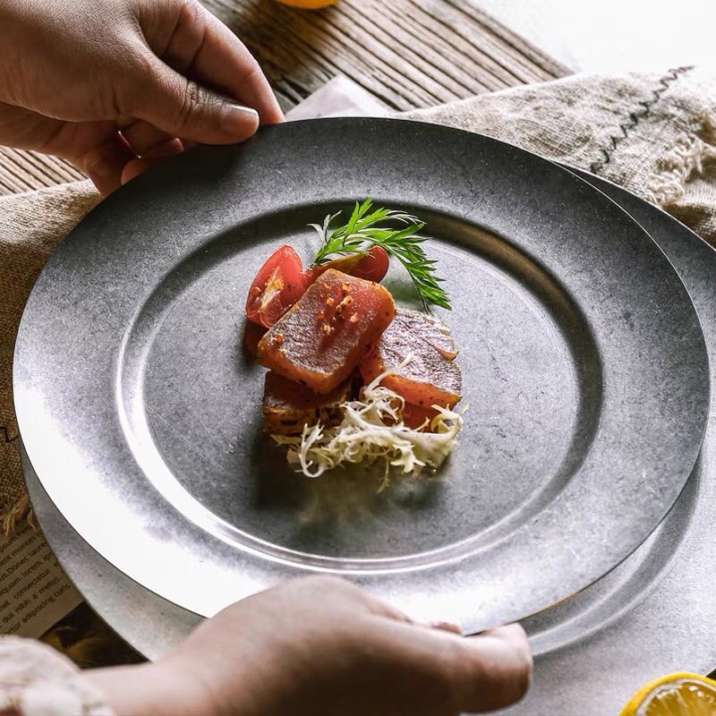 Retro Dinner Plates Serving Tray Snack Side Dishes Dessert Plate Vintage Stainless Steel Dinnerware