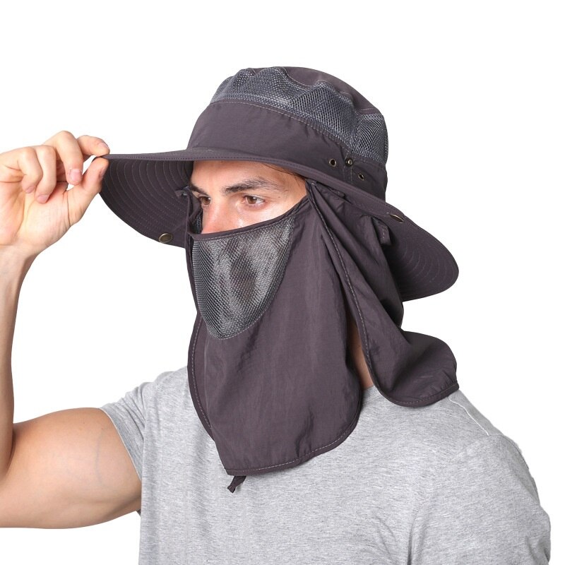 Camoland uv beskyttelse solhatte med ansigt hals flap kvinder mænd åndbar mesh spand hatte mandlige udendørs vandreture fiskeri cap: Mørkegrå