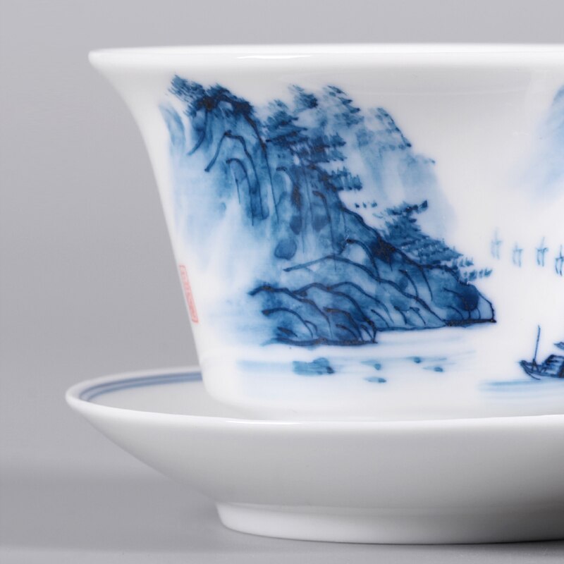 Tureen paysage en porcelaine bleu et blanc, tasse Gaiwan avec couvercle, Kit de soucoupe, bol à thé en céramique, décoration, artisanal 7oz