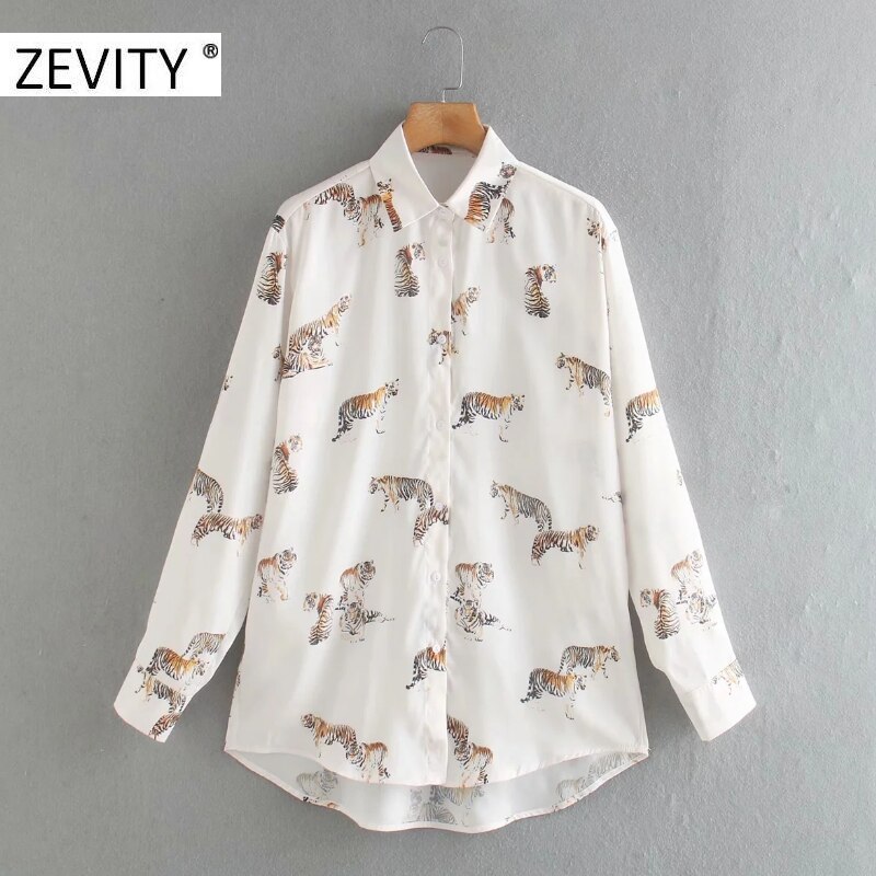 Zevity dames blouse met dierenprint en zakelijk smock, lange mouwen, casual blouses, chique merk chemise tops  ls7134: Ld  ls7134w / M