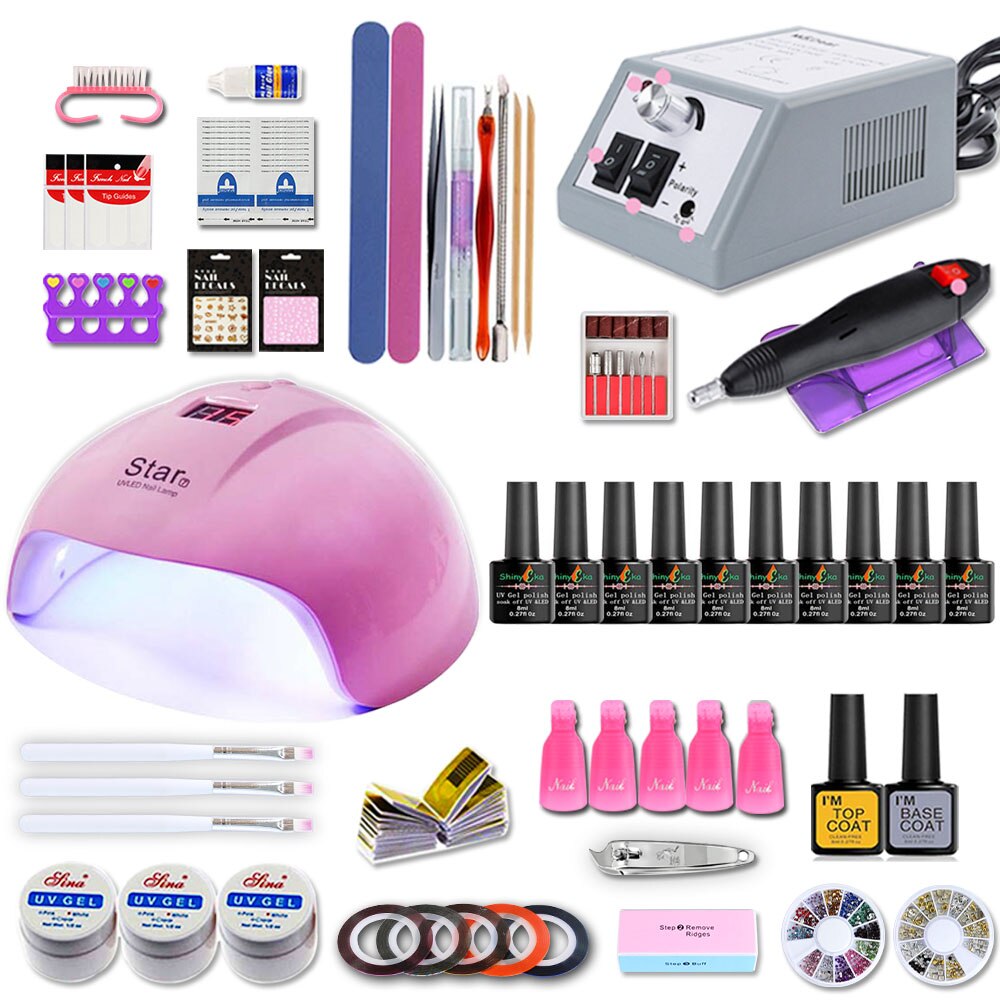 Nagelset för manikyr kit gel nagellack set med 35000/20000 rpm nagelborrmaskin 84/54w nagellampa nail art verktyg: 24w 10 färger set 12