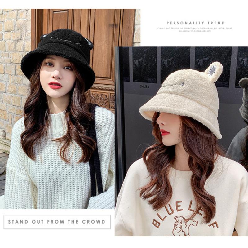 Lamb Wool Cat Ears Women Bucket Hat Autumn Winter Fisherman's Plush Bucket Hats Keep Warm Casual Cap Female Flat Top Hat