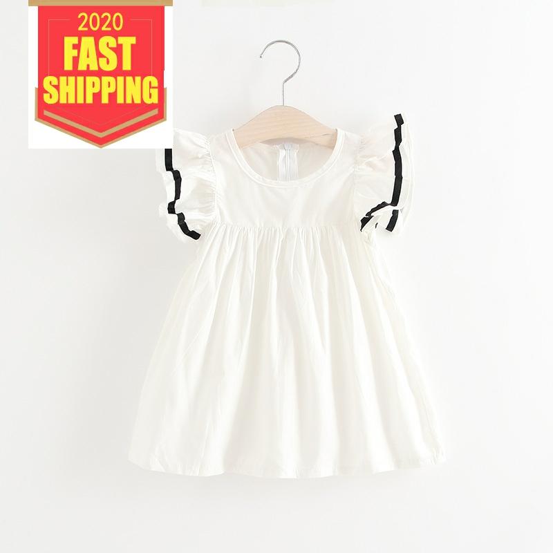 Baby Meisjes Jurk Zomer Wit Roze Strand Jurk Ruche Vliegen Mouw Jurken Voor Kids Leuke Koreaanse Peuter Tieners Kinderen Kleding