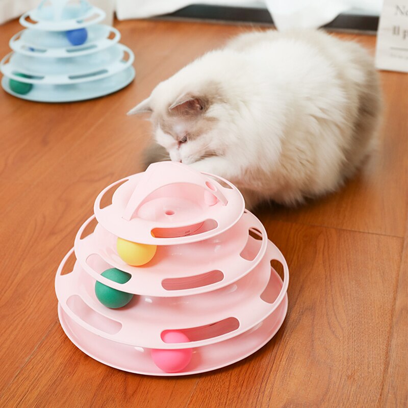Three Levels Pet Cat Toy Tower Tracks Disc Cat Intelligence Amusement Triple Pay Track Cat Toys Ball Training Amusement Plate