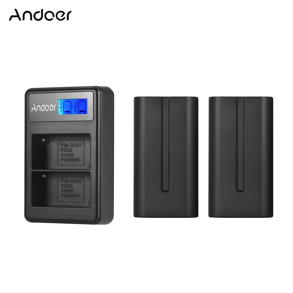 Andoer F550 Camera Batterij Oplader Kit 2 * NP-F550 Batterij + LCD2-NPF550 Dual Channel Batterij Lader LCD Display voor Video licht