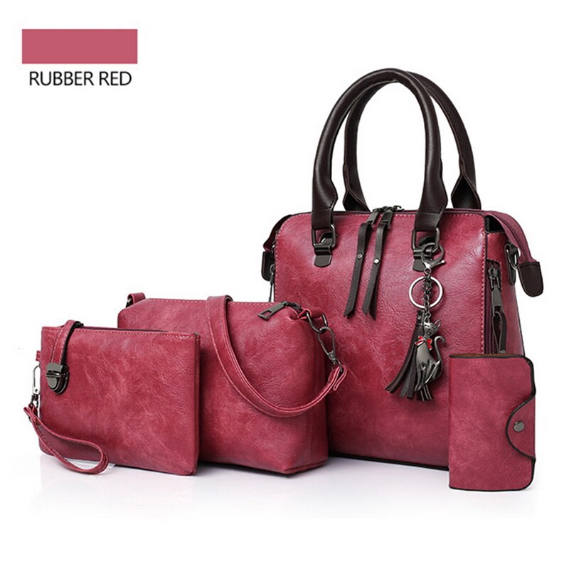 4 pièces femmes pierre motif sac à main + sac à bandoulière + pochette + carte paquet sac a main femme de luxe cuir: pink