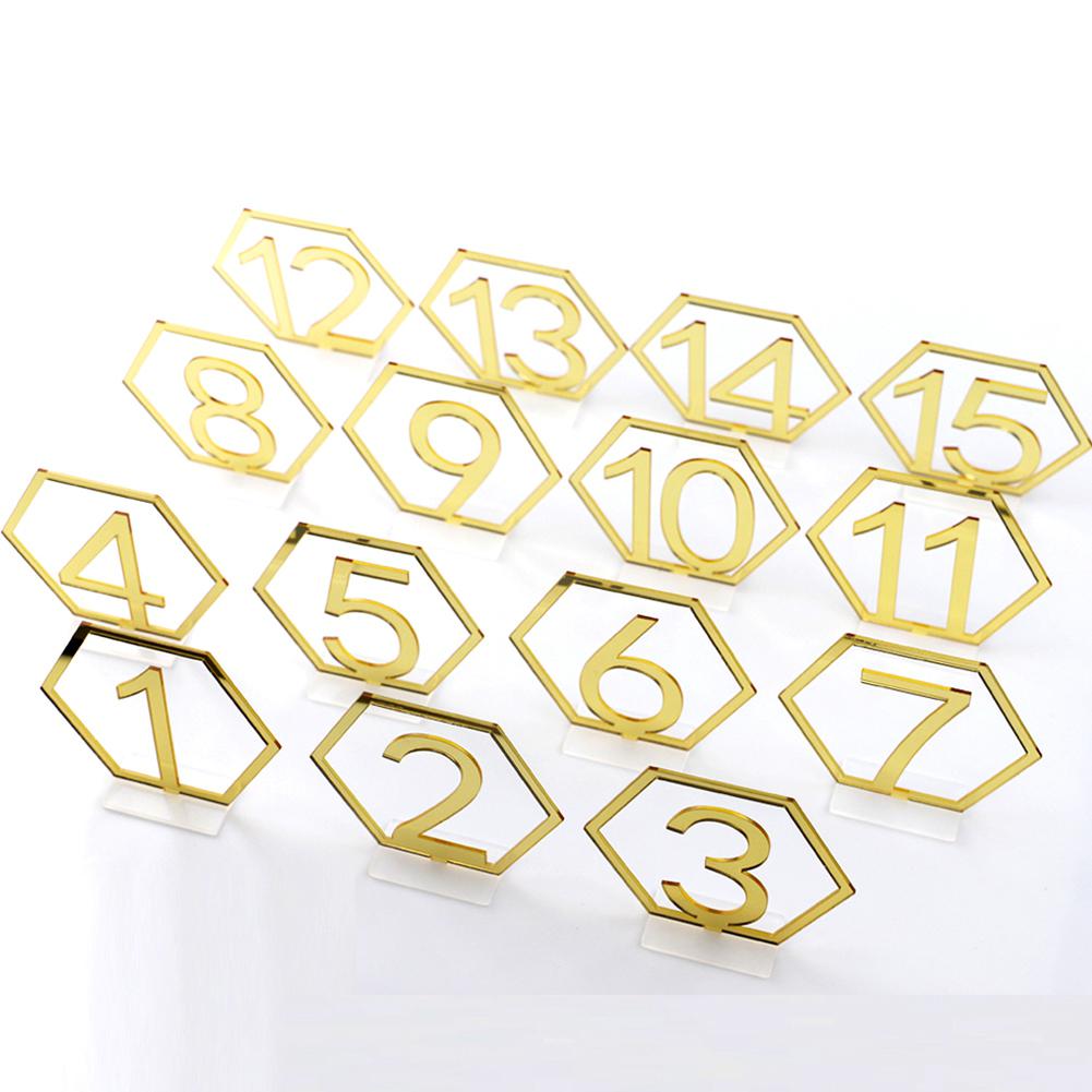 Asypets 1-15 sekskantede bordskilt akryl spejl nummer symboler til bryllupsfest dekoration