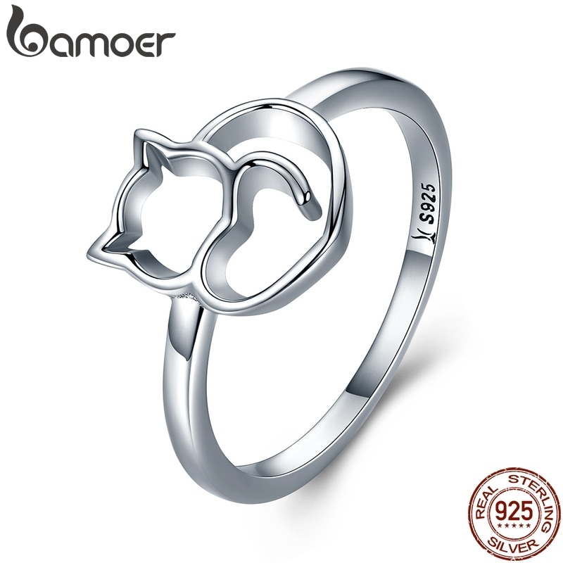 Bamoer Authentieke 100% 925 Sterling Zilver Naughty Kleine Kat & Hart Vinger Ring Voor Vrouwen Sterling Zilveren Sieraden SCR104