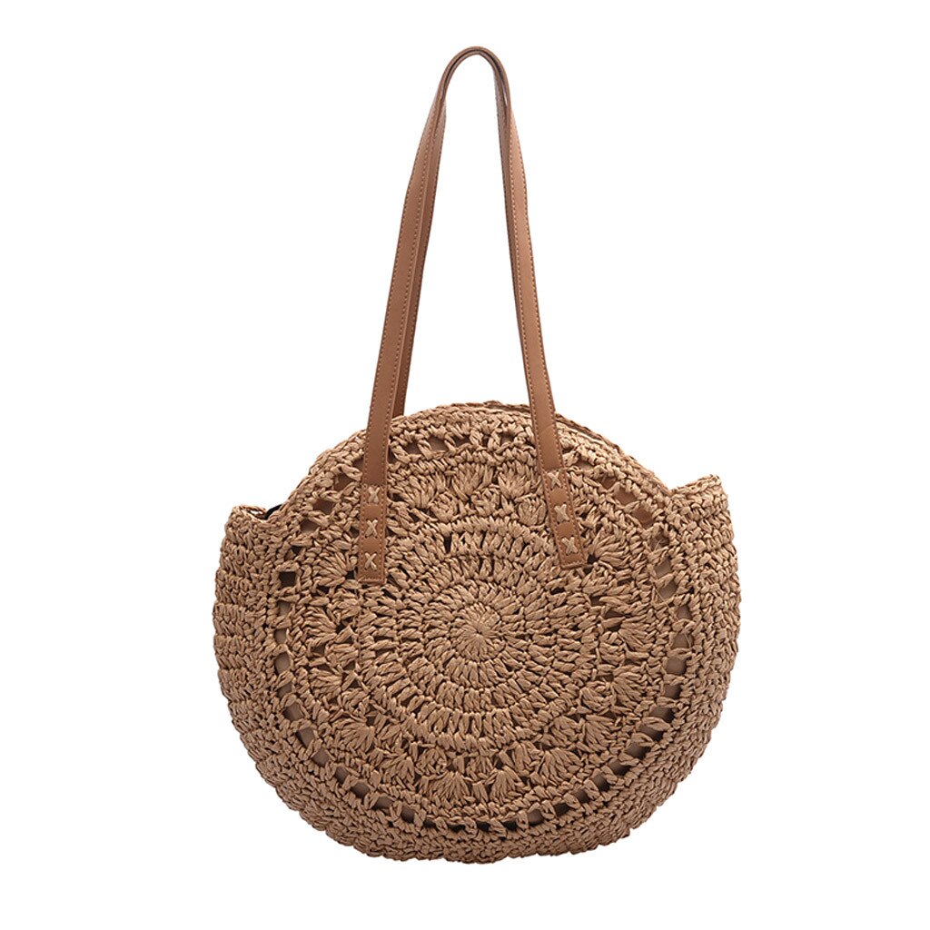 Saco de praia de palha redonda feminina saco de ombro tecido artesanal do vintage ráfia círculo rattan sacos boêmio verão férias sacos casuais: KH