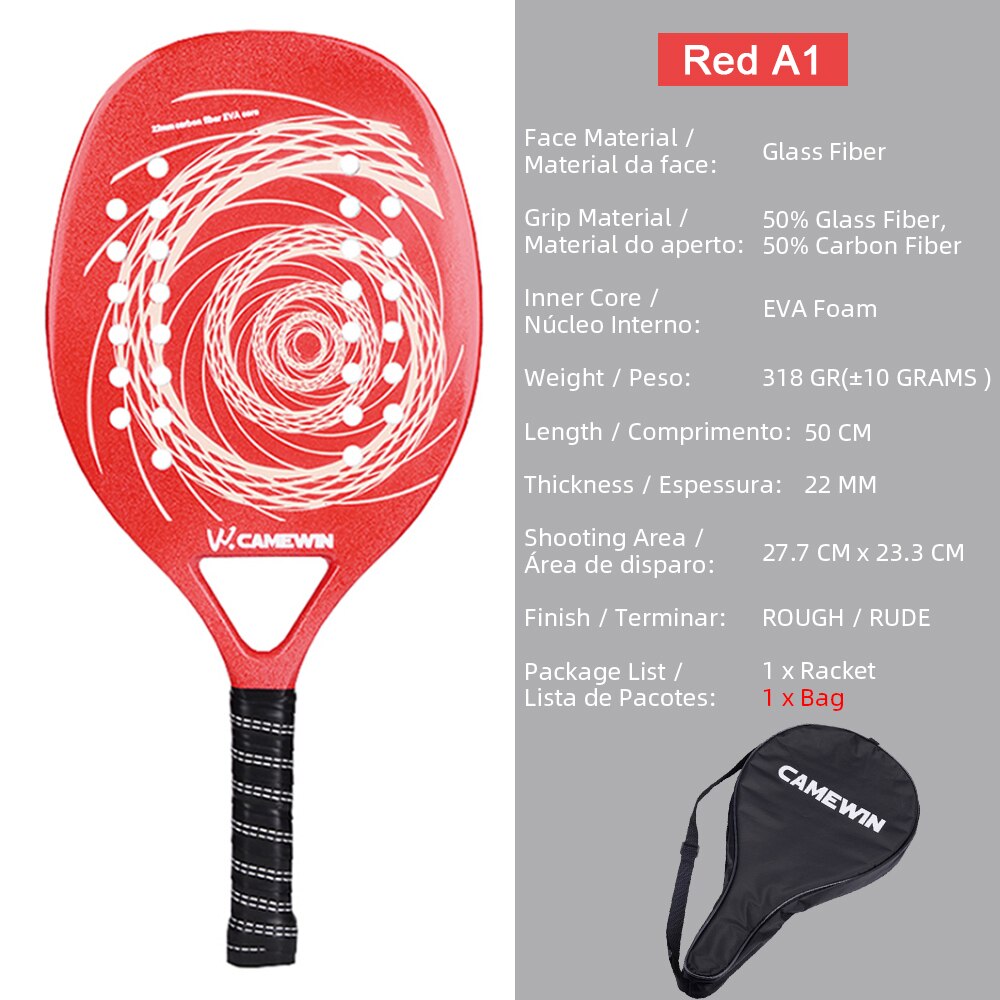 CAMEWIN Beach Tennis Racket Carbon Fiber Adult Professional High Quality Sport Goods Equipment Lightweight Soft EVA Face Racquet: Red A1