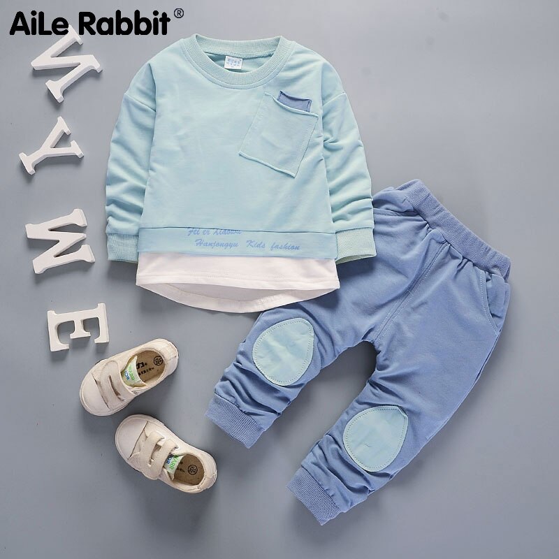 AiLe Rabbit children's clothes set Boys Girls Spring Autumn Long Sleeve Top Pants 2 Piece Set Pocket Decoration 3 color: Green / 12M