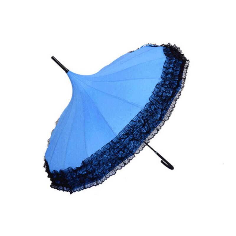 Princess Lace Pagoda Umbrellas For Straight Bar Semi Automatic Long Handle Hook Rain Gear Lady Sunshade Unbrellas Women Parasol: Sky blue