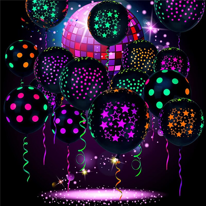 10PCS 12inch Latex Fluorescent Balloon Dots Love Heart Star Decor Balloon Glow In Blacklight Birthday Wedding Theme Party Decor